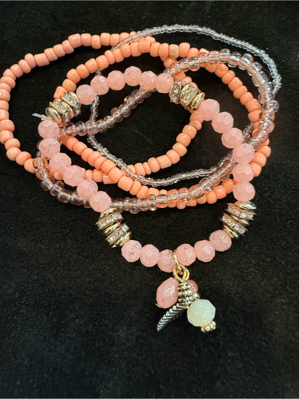 Layered Pink Beaded Bracelet Set with Gold Accents